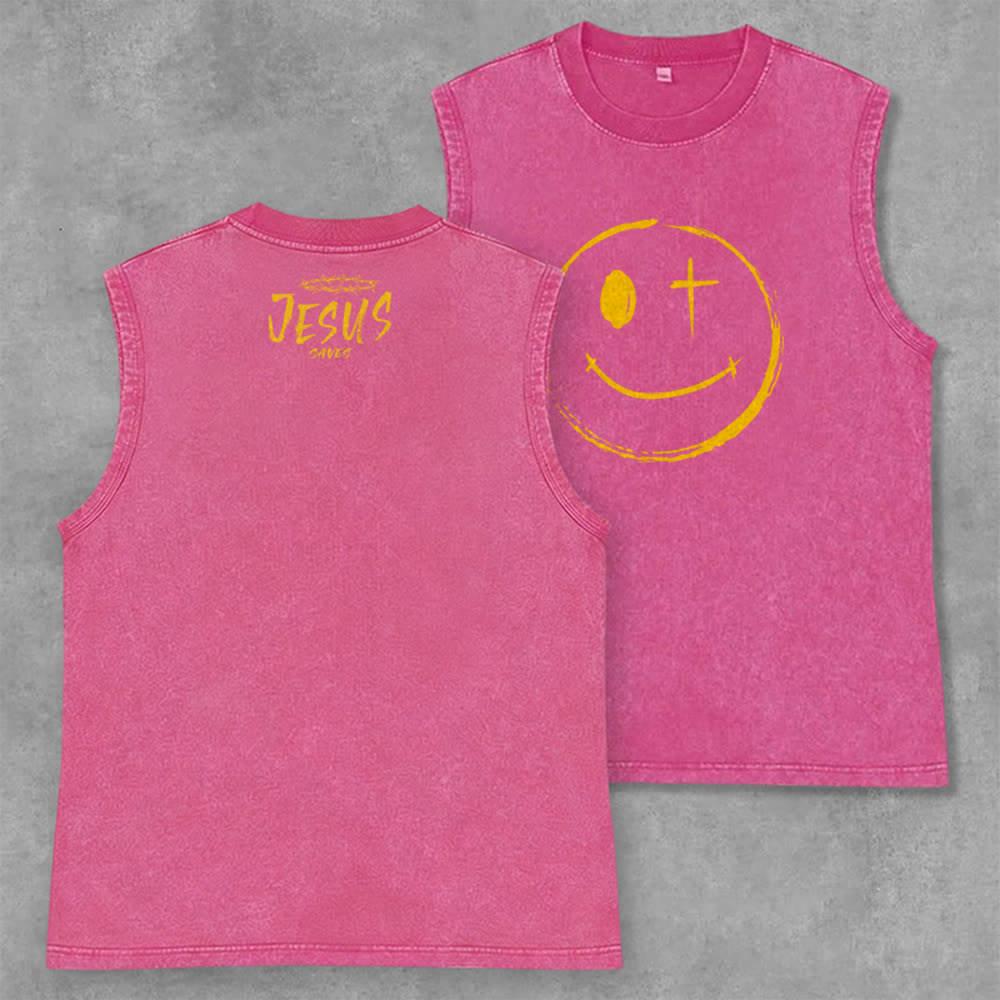 Christianartworkshop Smiley Face Jesus Saves Unisex Washed Tank Top - Rosa - 2XL - image 28
