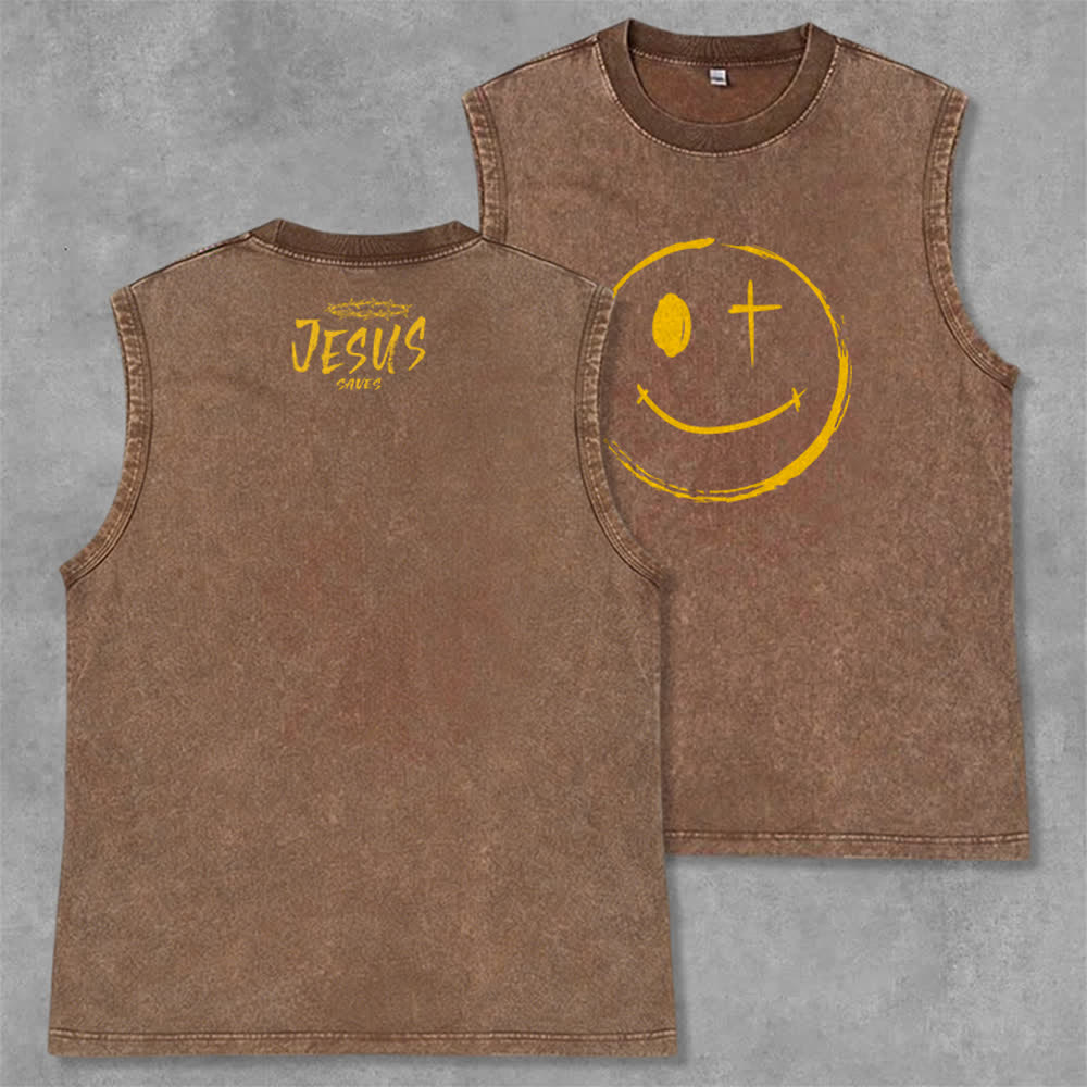 Christianartworkshop Smiley Face Jesus Saves Unisex Washed Tank Top - Braun - 2XL - image 0