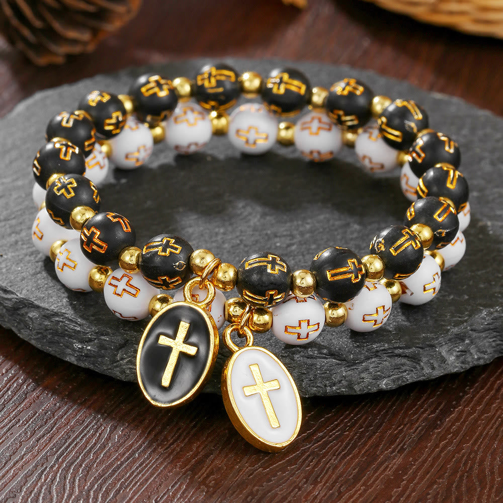 Christianartworkshop Zweifarbiges Acryl-Kreuzperlenarmband mit emailliertem Kreuzanhänger: Ein Gefäß für den heiligen Glauben im Alltag - image 0