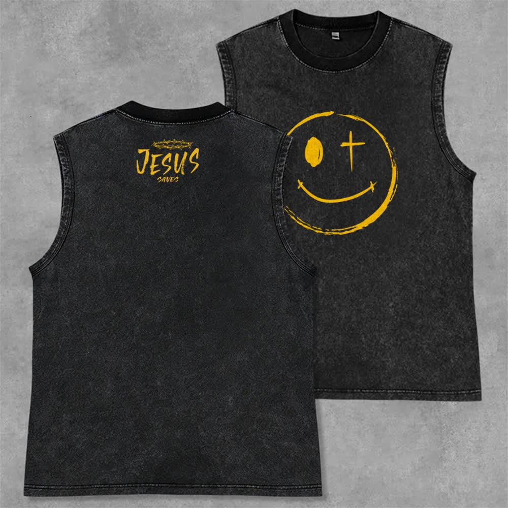 Christianartworkshop Smiley Face Jesus Saves Unisex Washed Tank Top - Schwarz - 2XL - image 7