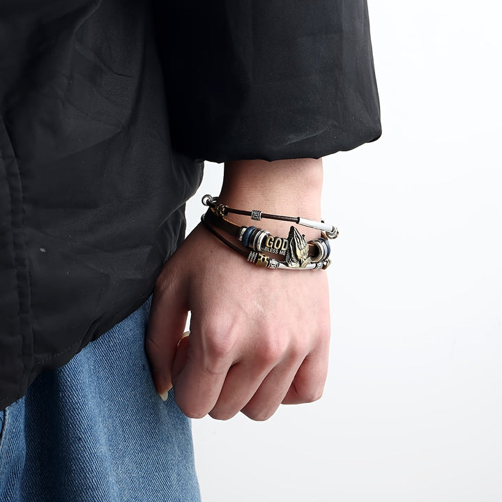 Christianartworkshop „Gott segne mich“ – Armband aus Leder mit betenden Händen und Metallelementen - image 5