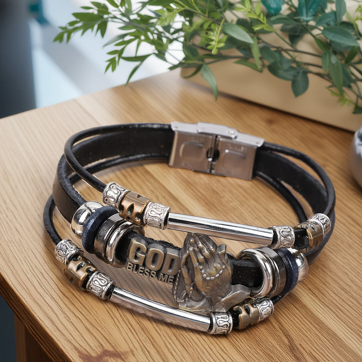 Christianartworkshop „Gott segne mich“ – Armband aus Leder mit betenden Händen und Metallelementen - image 7