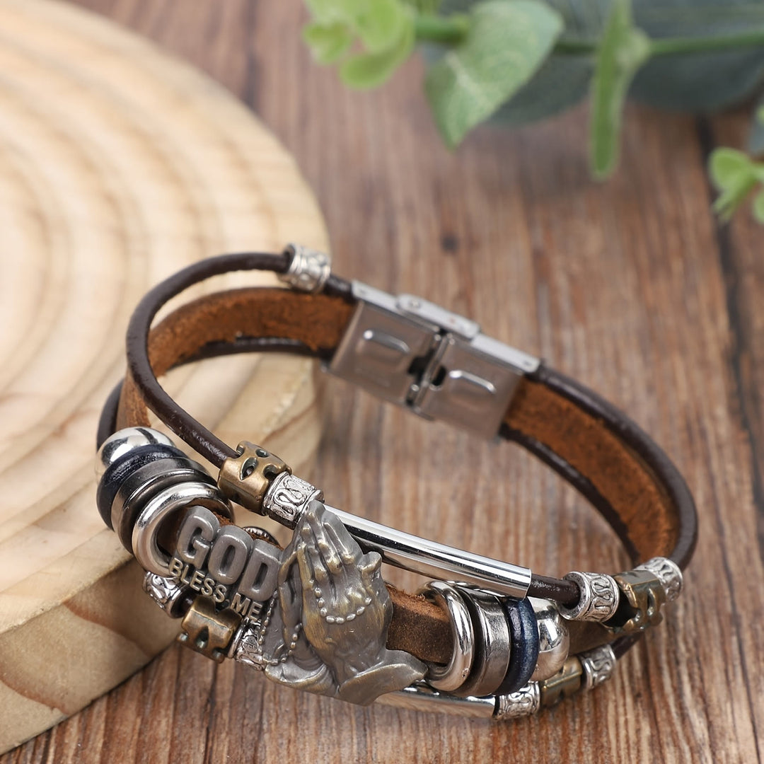 Christianartworkshop „Gott segne mich“ – Armband aus Leder mit betenden Händen und Metallelementen - image 4