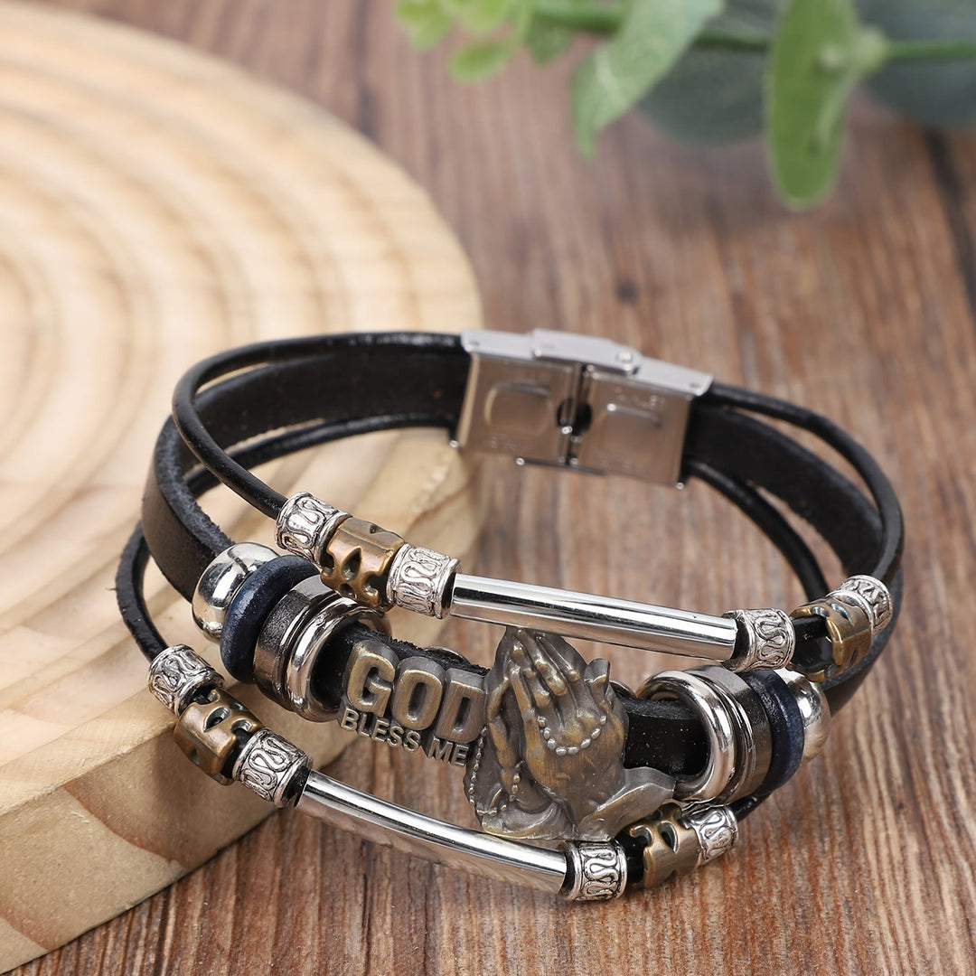 Christianartworkshop „Gott segne mich“ – Armband aus Leder mit betenden Händen und Metallelementen - Schwarz - image 6