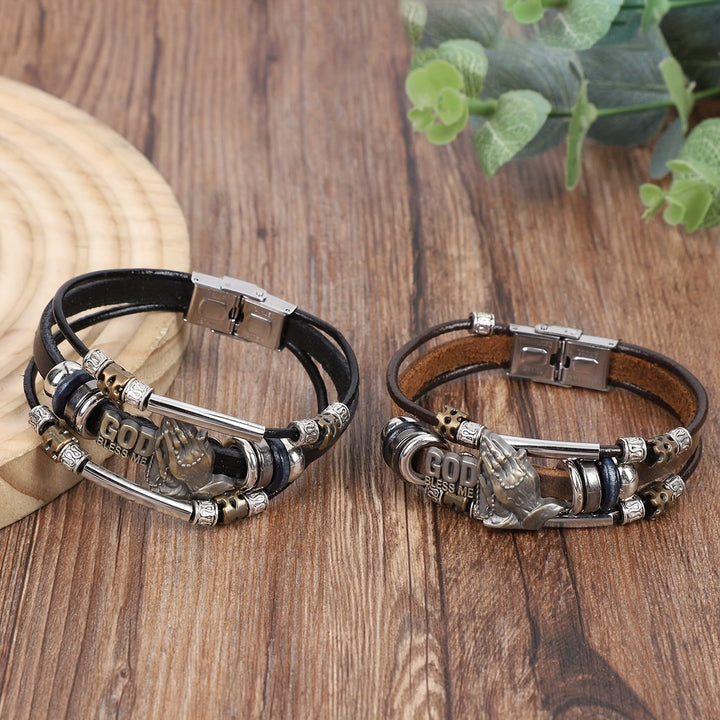 Christianartworkshop „Gott segne mich“ – Armband aus Leder mit betenden Händen und Metallelementen - image 1