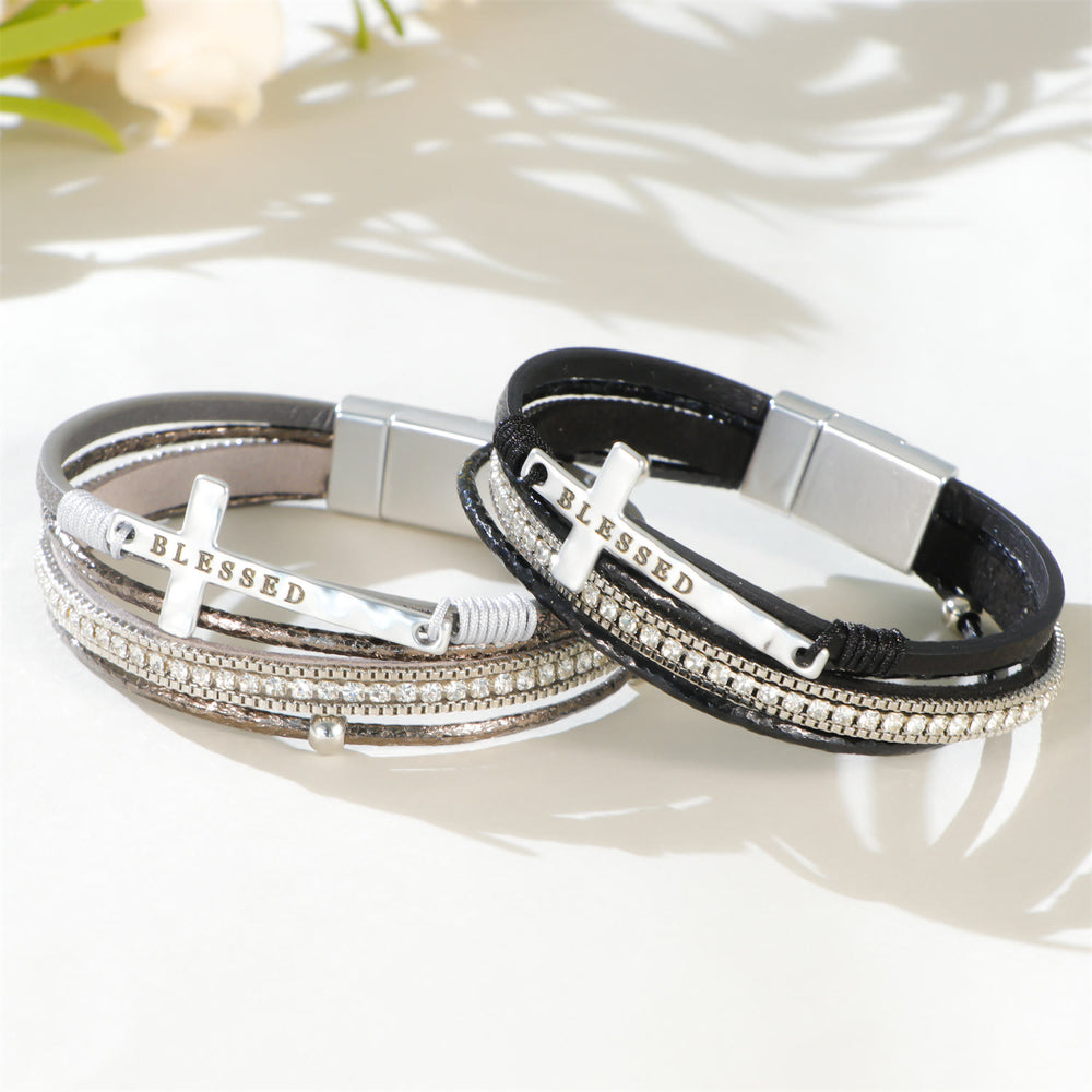Christianartworkshop Mehrlagiges Lederarmband mit Zirkonia und Kreuz: Ein Symbol göttlicher Gnade und spiritueller Freude - image 1