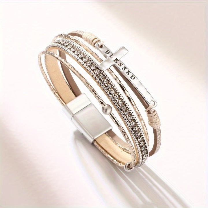 Christianartworkshop Mehrlagiges Lederarmband mit Zirkonia und Kreuz: Ein Symbol göttlicher Gnade und spiritueller Freude - image 2