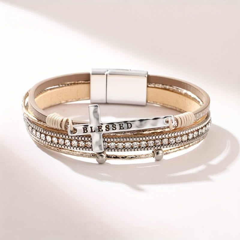 Christianartworkshop Mehrlagiges Lederarmband mit Zirkonia und Kreuz: Ein Symbol göttlicher Gnade und spiritueller Freude - image 4
