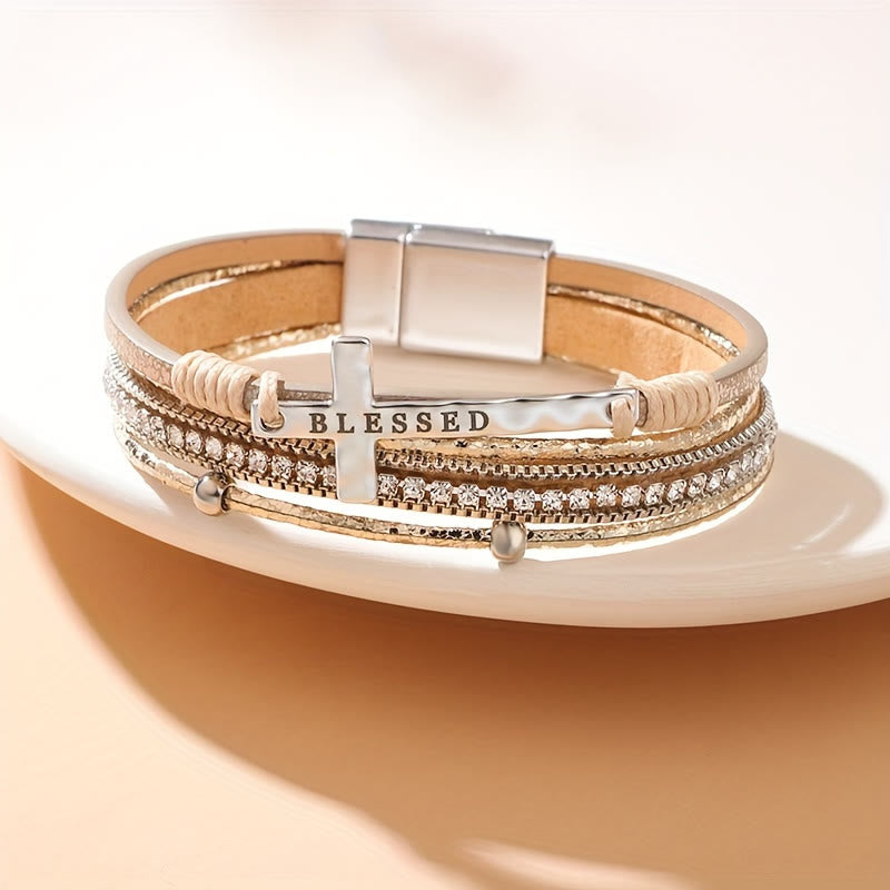 Christianartworkshop Mehrlagiges Lederarmband mit Zirkonia und Kreuz: Ein Symbol göttlicher Gnade und spiritueller Freude - Khaki - image 0
