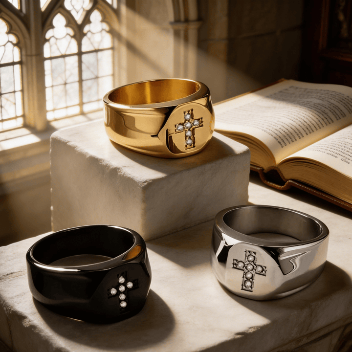 Christianartworkshop Dreifarbiger Zirkonia-Kreuzring mit dickem Band: Ein Symbol unerschütterlichen Glaubens und unerschütterlicher Gnade - image 0