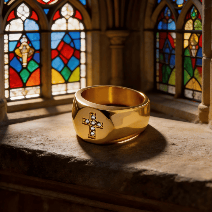 Christianartworkshop Dreifarbiger Zirkonia-Kreuzring mit dickem Band: Ein Symbol unerschütterlichen Glaubens und unerschütterlicher Gnade - image 6