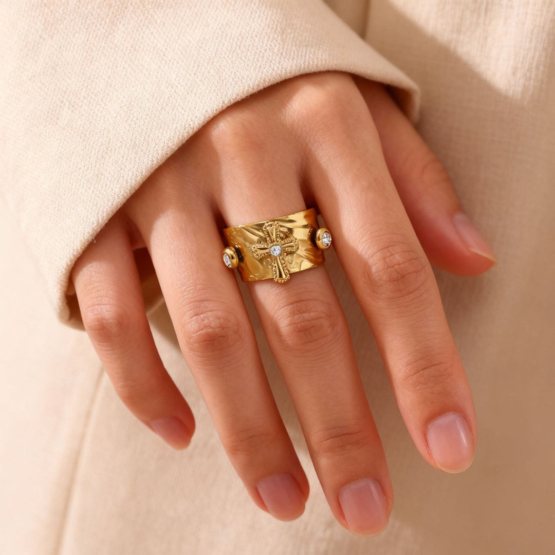 Christianartworkshop Erlösungskreuz-Ring mit Zirkonia-Besatz, breites Band, Andachtsring - image 3