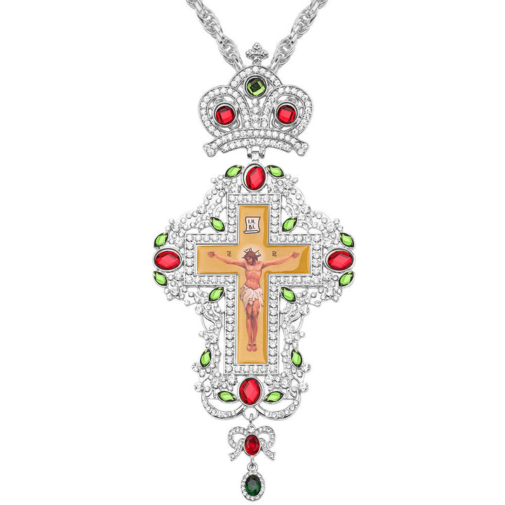 Christianartworkshop Mit Edelsteinen besetzte, kunstvolle Halskette mit orthodoxem Kreuzanhänger: Symbol der Erlösung und göttlichen Herrlichkeit - L - image 14