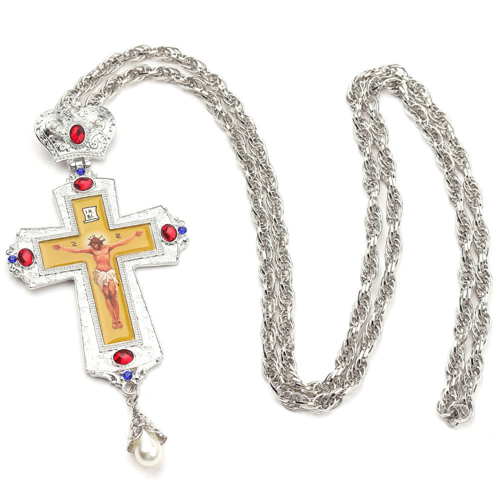 Christianartworkshop Mit Edelsteinen besetzte, kunstvolle Halskette mit orthodoxem Kreuzanhänger: Symbol der Erlösung und göttlichen Herrlichkeit - C - image 5