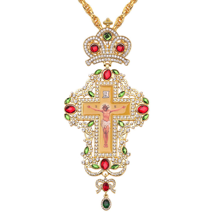 Christianartworkshop Mit Edelsteinen besetzte, kunstvolle Halskette mit orthodoxem Kreuzanhänger: Symbol der Erlösung und göttlichen Herrlichkeit - J - image 12