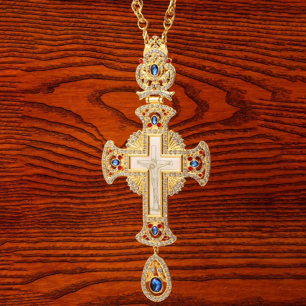 Christianartworkshop Mit Edelsteinen besetzte, kunstvolle Halskette mit orthodoxem Kreuzanhänger: Symbol der Erlösung und göttlichen Herrlichkeit - A - image 0