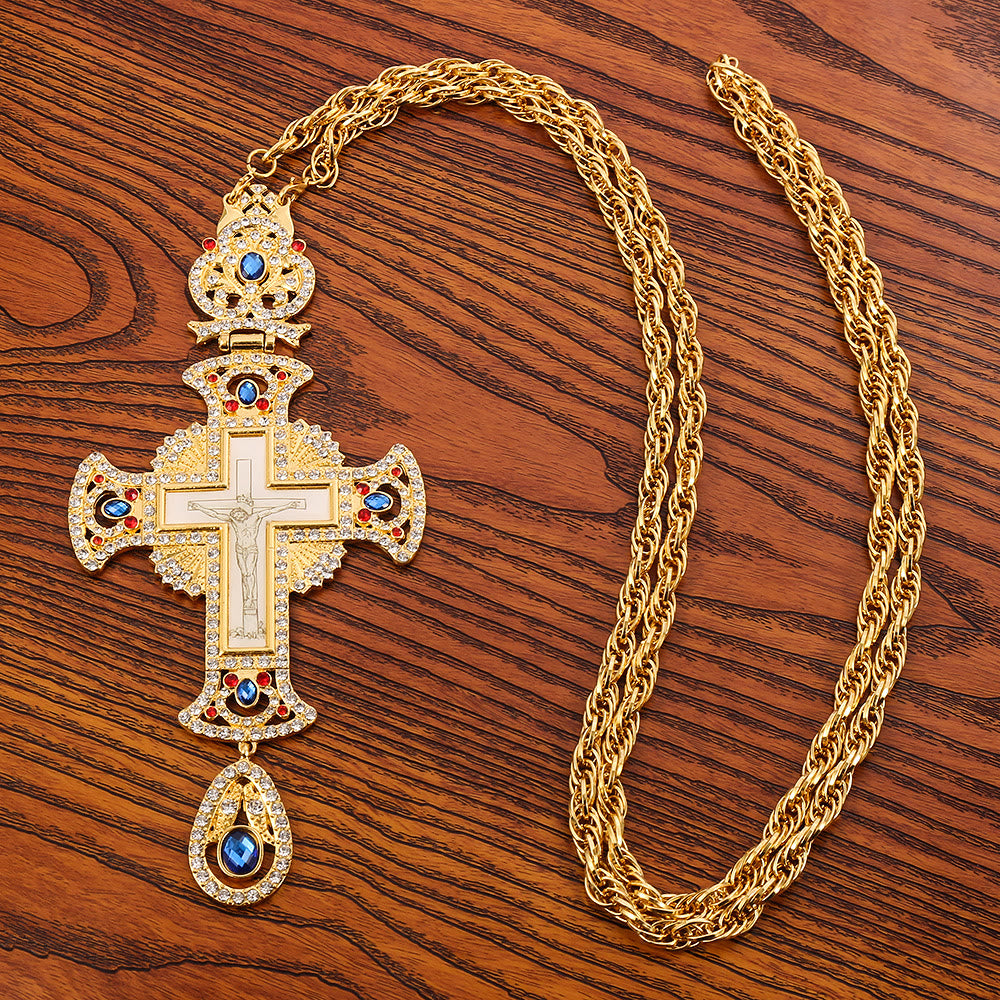 Christianartworkshop Mit Edelsteinen besetzte, kunstvolle Halskette mit orthodoxem Kreuzanhänger: Symbol der Erlösung und göttlichen Herrlichkeit - image 1