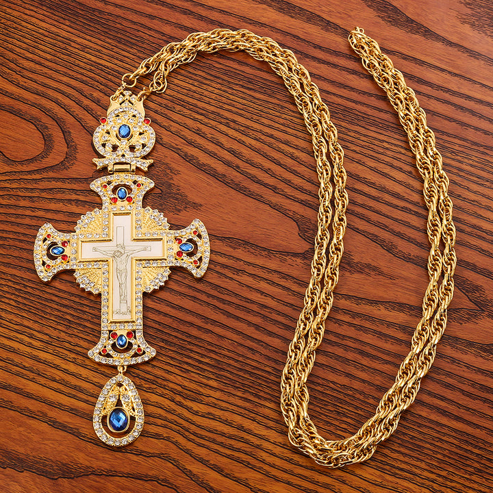 Christianartworkshop Mit Edelsteinen besetzte, kunstvolle Halskette mit orthodoxem Kreuzanhänger: Symbol der Erlösung und göttlichen Herrlichkeit - image 1