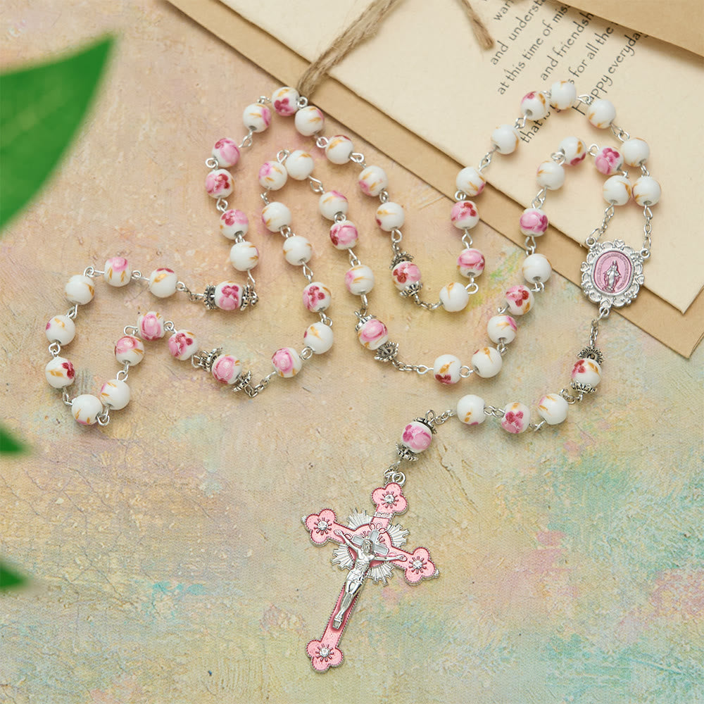 Christianartworkshop Rosenkranz aus Keramikperlen mit Blumenmuster, emaillierter Marienmedaille und rosa Kruzifix - Unsere Liebe Frau und das Kruzifix - image 0