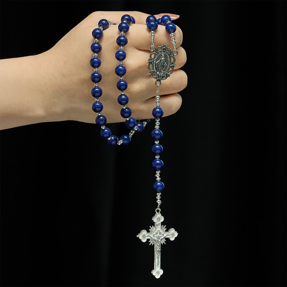 Christianartworkshop Rosenkranz aus Lapislazuliperlen mit eingraviertem Kruzifix: Symbol göttlicher Weisheit und marianischer Gnade - image 1