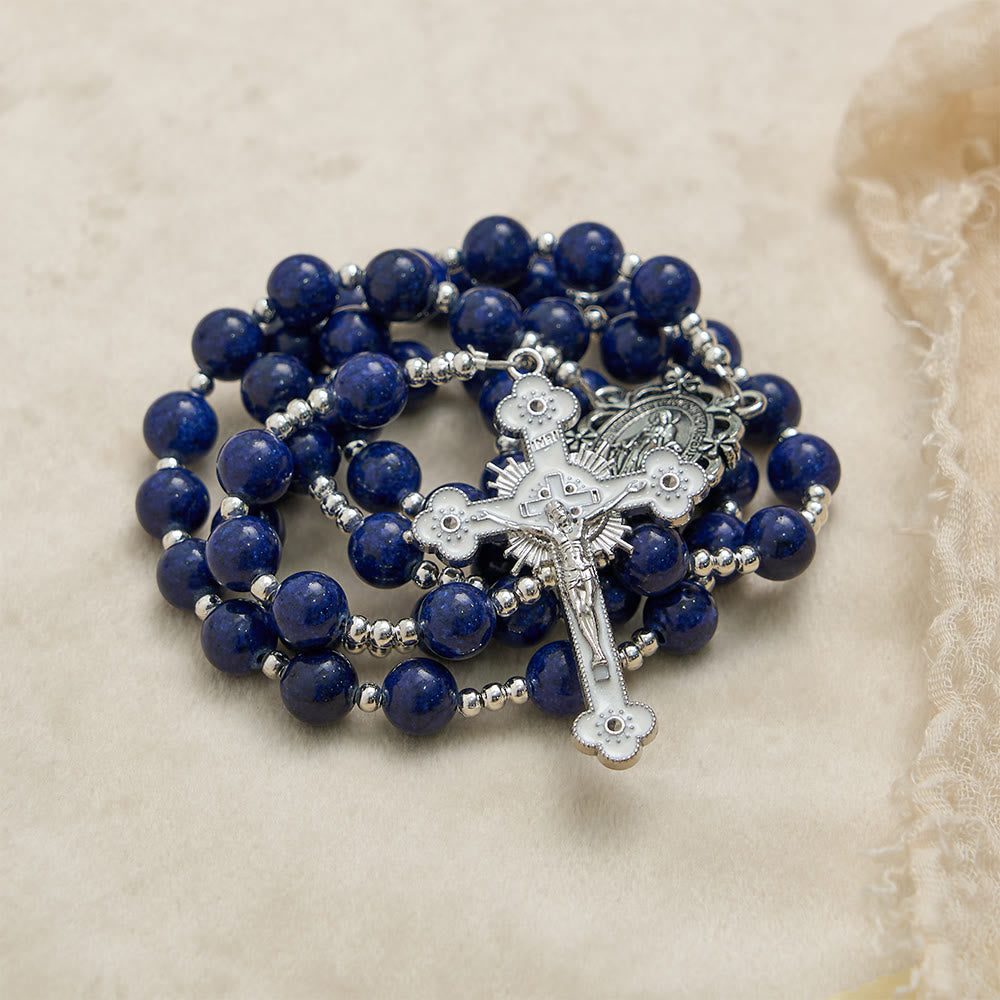 Christianartworkshop Rosenkranz aus Lapislazuliperlen mit eingraviertem Kruzifix: Symbol göttlicher Weisheit und marianischer Gnade - image 5