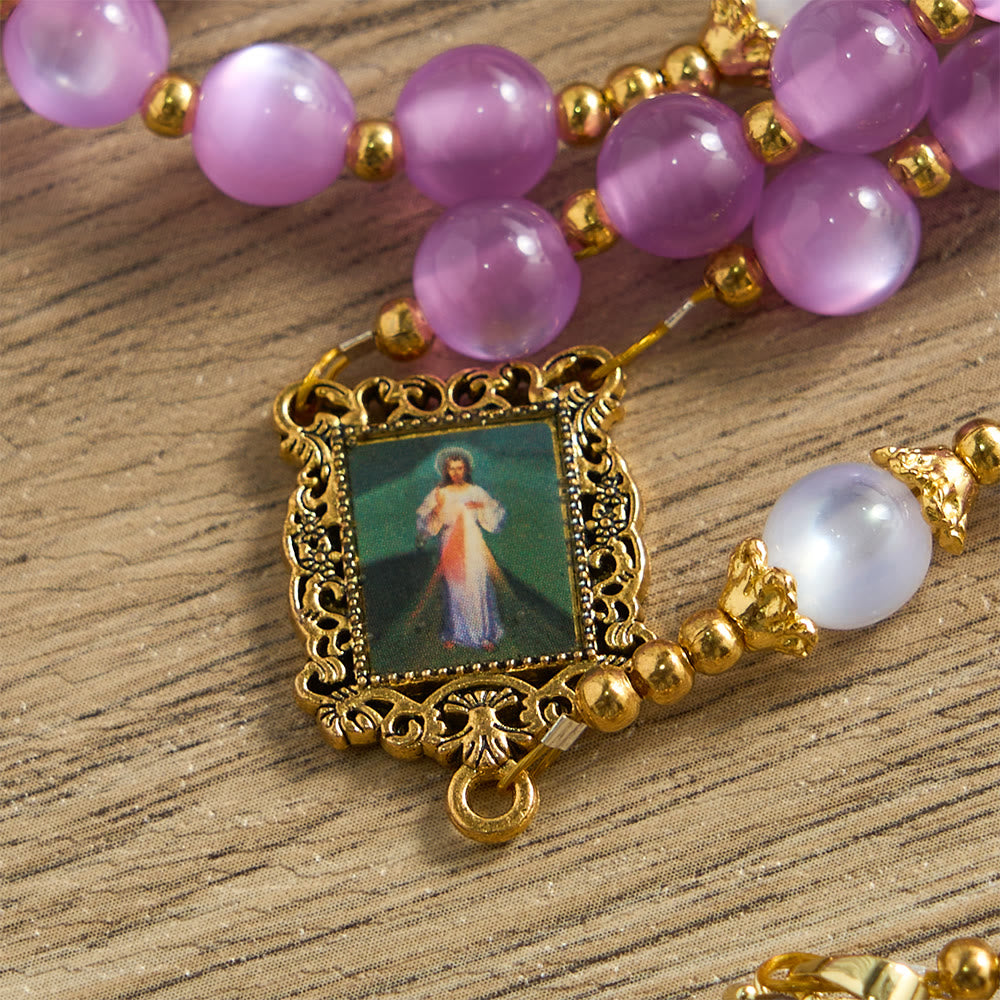Christianartworkshop Rosenkranz aus violetten Katzenaugenperlen mit kunstvollem Kruzifix: Symbol göttlicher Führung und marianischer Gnade - image 7