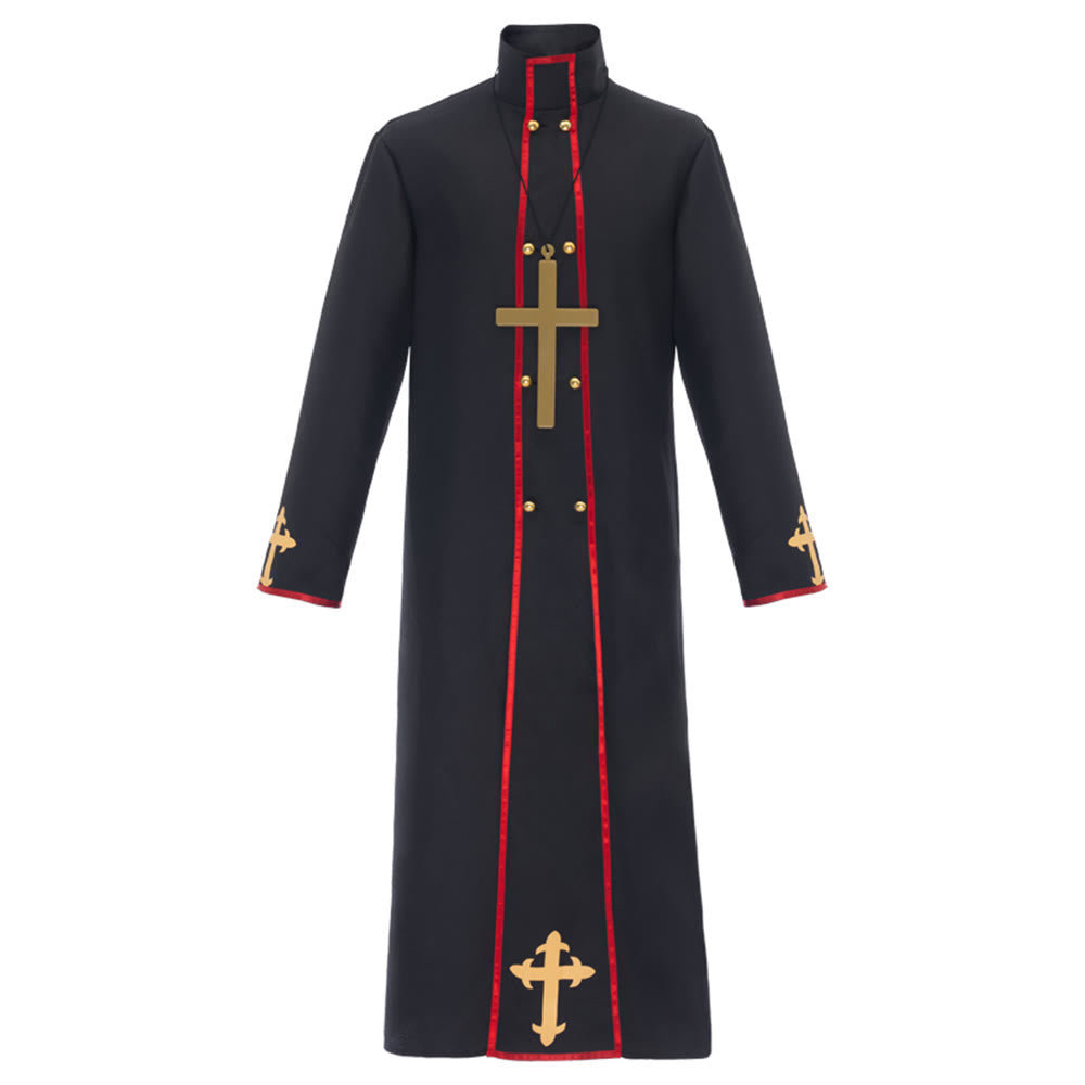 Christianartworkshop Zweireihige Priesterrobe mit goldenem Kreuz und rotem Besatz - Schwarz - 2XL - image 1
