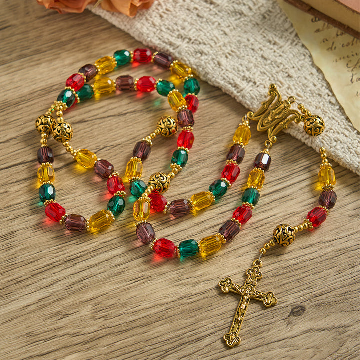 Christianartworkshop Rosenkranz aus mehrfarbigen zylindrischen Kristallperlen: Symbol göttlicher Freude und Vielfalt - Unsere Liebe Frau und das Kruzifix - image 0