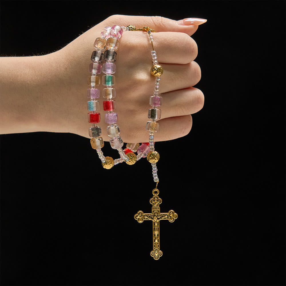 Christianartworkshop Rosenkranz aus mehrfarbigen Harzperlen: Symbol göttlicher Freude und marianischer Gnade - image 1