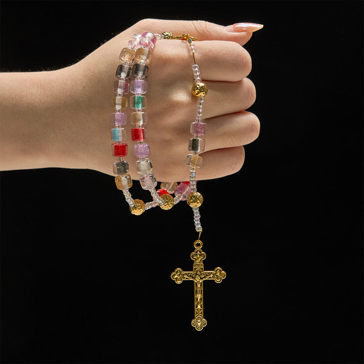 Christianartworkshop Rosenkranz aus mehrfarbigen Harzperlen: Symbol göttlicher Freude und marianischer Gnade - image 1