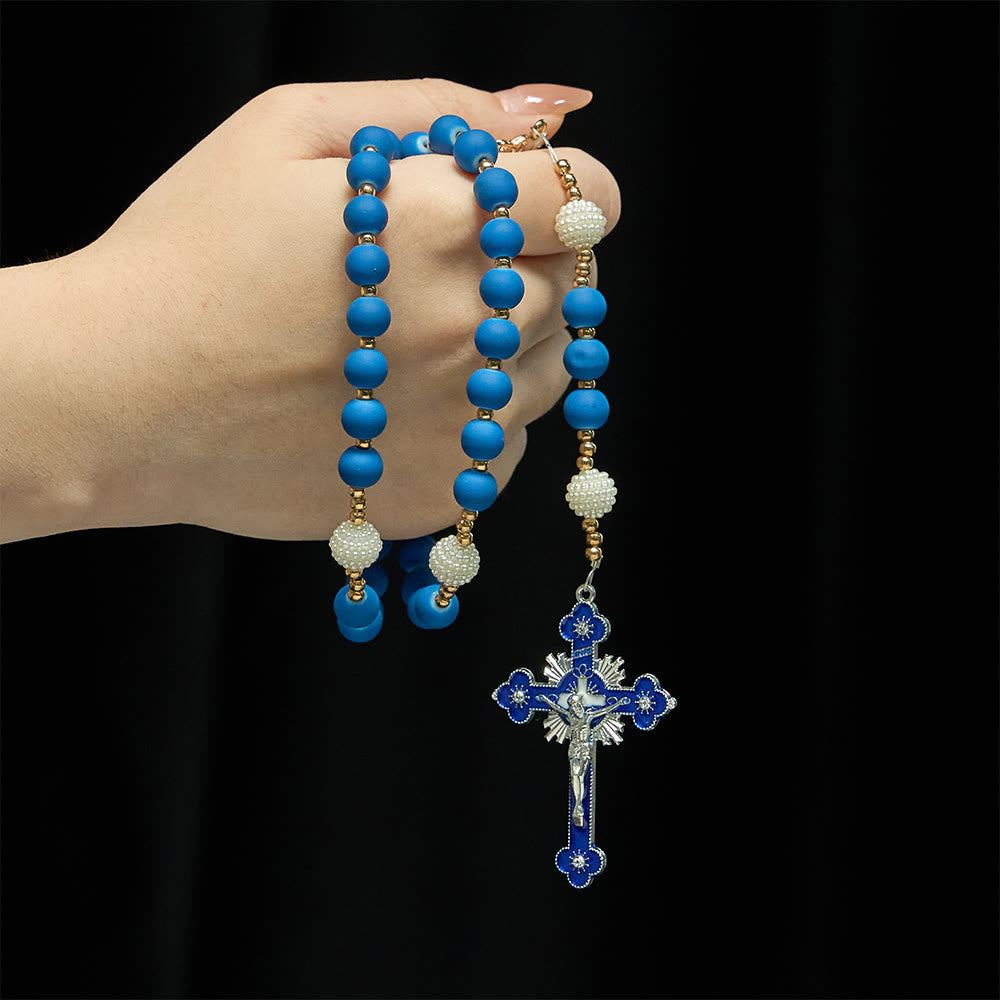 Christianartworkshop Rosenkranz aus mattblauen Gummiperlen mit Medaille Unserer Lieben Frau von Aparecida - image 1