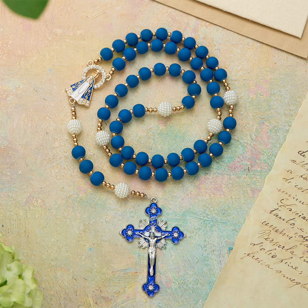 Christianartworkshop Rosenkranz aus mattblauen Gummiperlen mit Medaille Unserer Lieben Frau von Aparecida - Unsere Liebe Frau und das Kruzifix - image 0