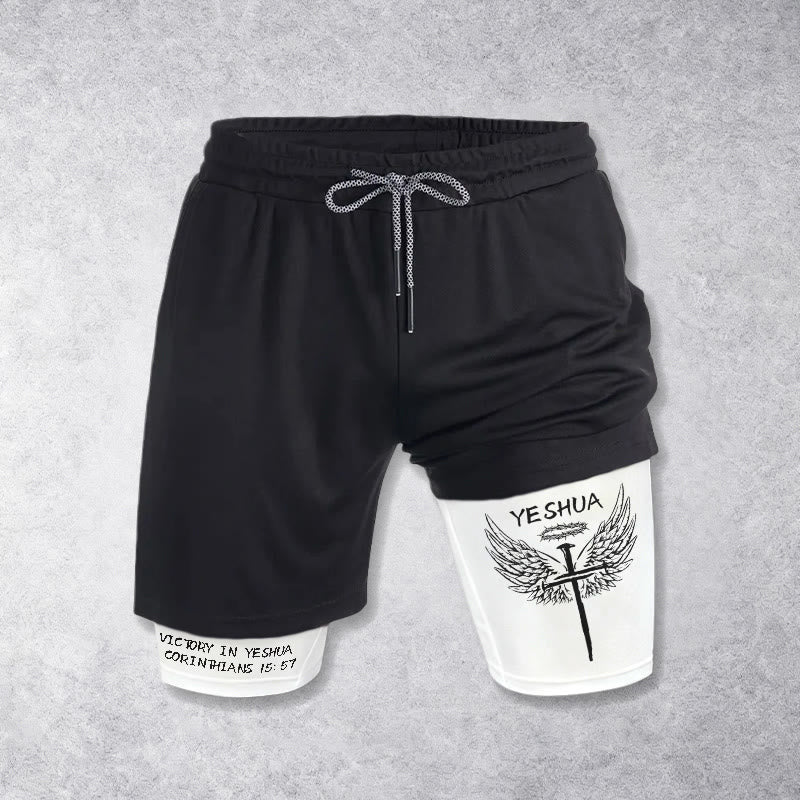 Christianartworkshop 1 Korinther 15,57 Sieg in Jesus – Aufführungsshorts mit geflügeltem Kreuz - Weiß - 3XL - image 0