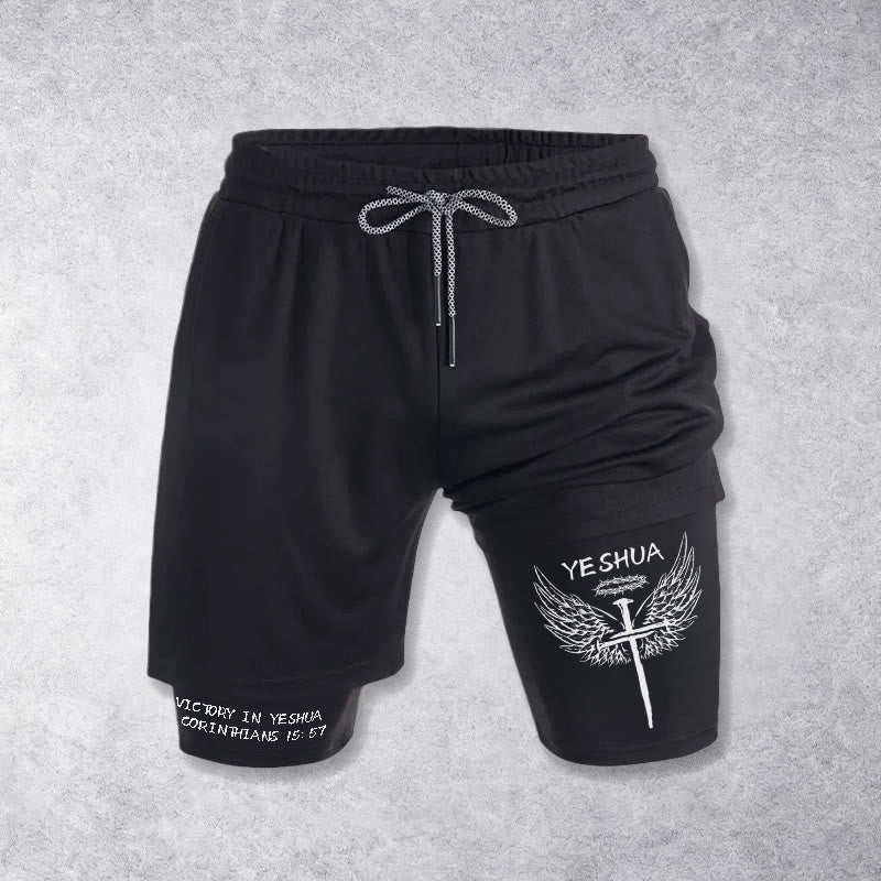 Christianartworkshop 1 Korinther 15,57 Sieg in Jesus – Aufführungsshorts mit geflügeltem Kreuz - Schwarz - 3XL - image 9