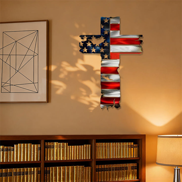 Christianartworkshop Rustikale Wanddekoration aus Metall mit patriotischem Kreuz und amerikanischer Flagge: Ein Symbol unerschrockenen Glaubens - image 3