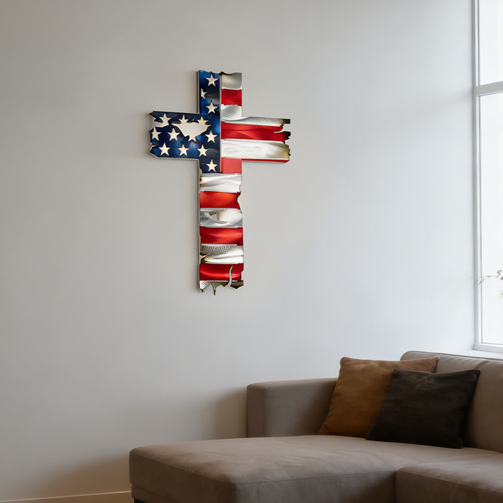 Christianartworkshop Rustikale Wanddekoration aus Metall mit patriotischem Kreuz und amerikanischer Flagge: Ein Symbol unerschrockenen Glaubens - image 1