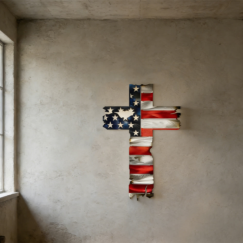 Christianartworkshop Rustikale Wanddekoration aus Metall mit patriotischem Kreuz und amerikanischer Flagge: Ein Symbol unerschrockenen Glaubens - image 0