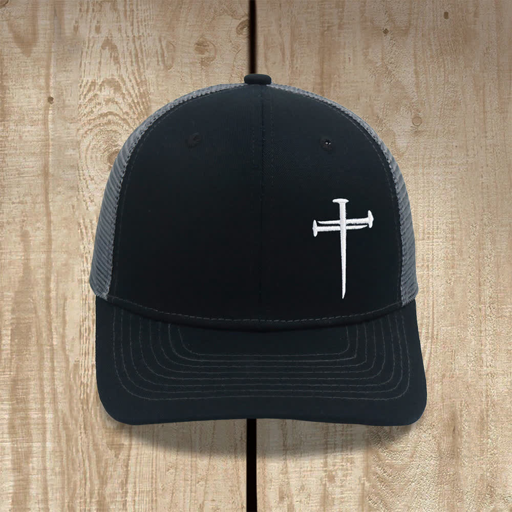 Christianartworkshop Minimalistische Trucker-Mütze mit Nagelkreuzstickerei - Schwarz + Grau - image 4