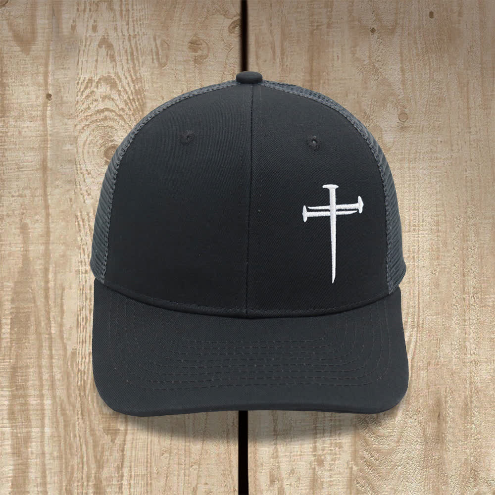 Christianartworkshop Minimalistische Trucker-Mütze mit Nagelkreuzstickerei - Dunkelgrau + Grau - image 7