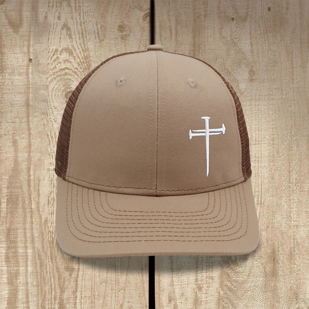 Christianartworkshop Minimalistische Trucker-Mütze mit Nagelkreuzstickerei - Khaki + Braun - image 11