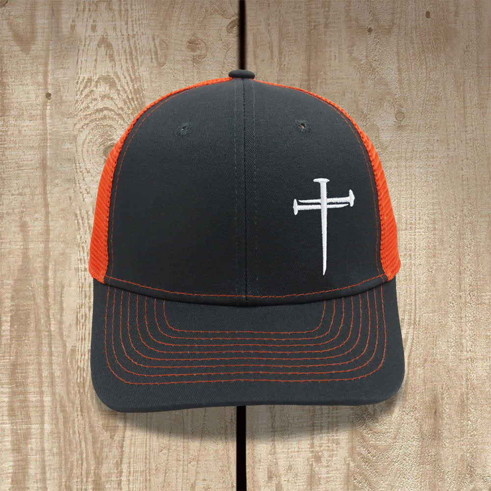 Christianartworkshop Minimalistische Trucker-Mütze mit Nagelkreuzstickerei - Dunkelgrau + Orange - image 6