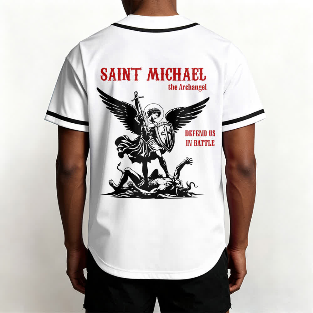 Christianartworkshop St. Michael Archangel Defend Us Unisex Baseball Jersey - image 1