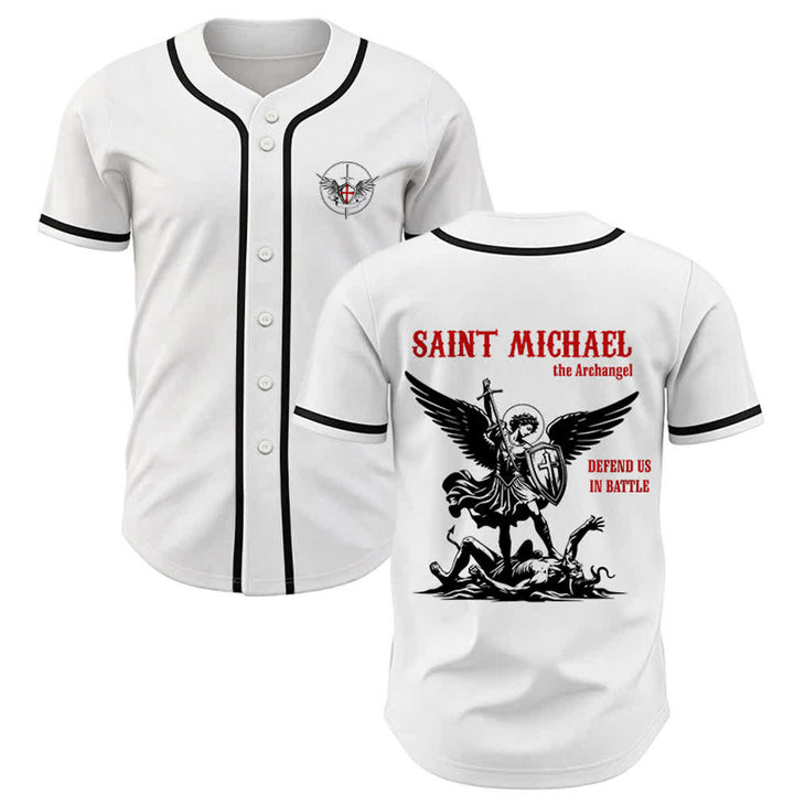 Christianartworkshop St. Michael Archangel Defend Us Unisex Baseball Jersey - Weiß - 5XL - image 0