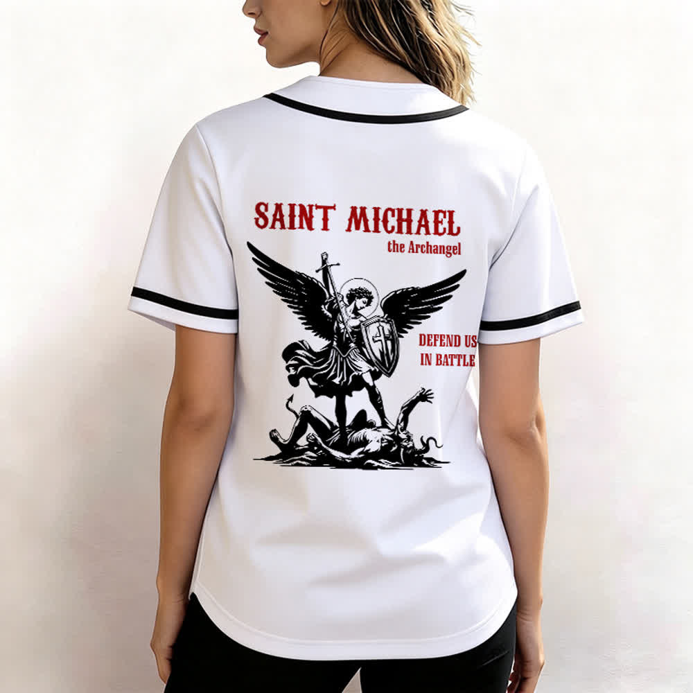 Christianartworkshop St. Michael Archangel Defend Us Unisex Baseball Jersey - image 3