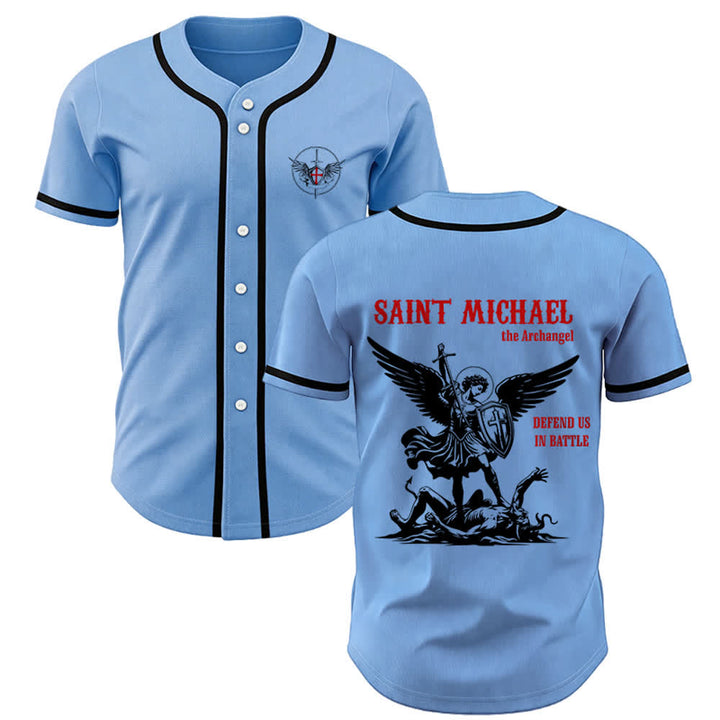 Christianartworkshop St. Michael Archangel Defend Us Unisex Baseball Jersey - Blau - 5XL - image 16