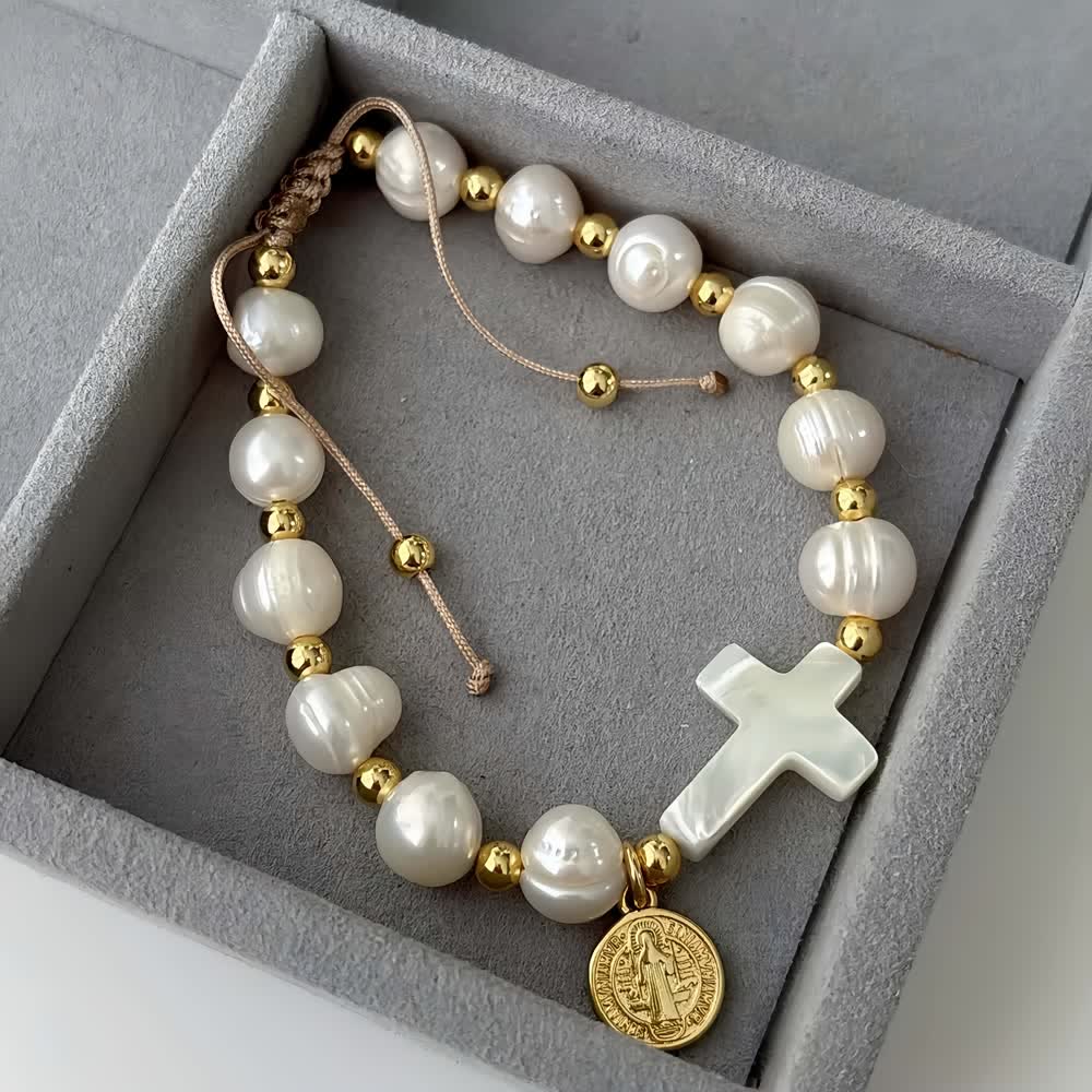 Christianartworkshop Elegantes, verstellbares Glasarmband mit der Medaille des Heiligen Benedikt: Spiritueller Segensschmuck - image 3