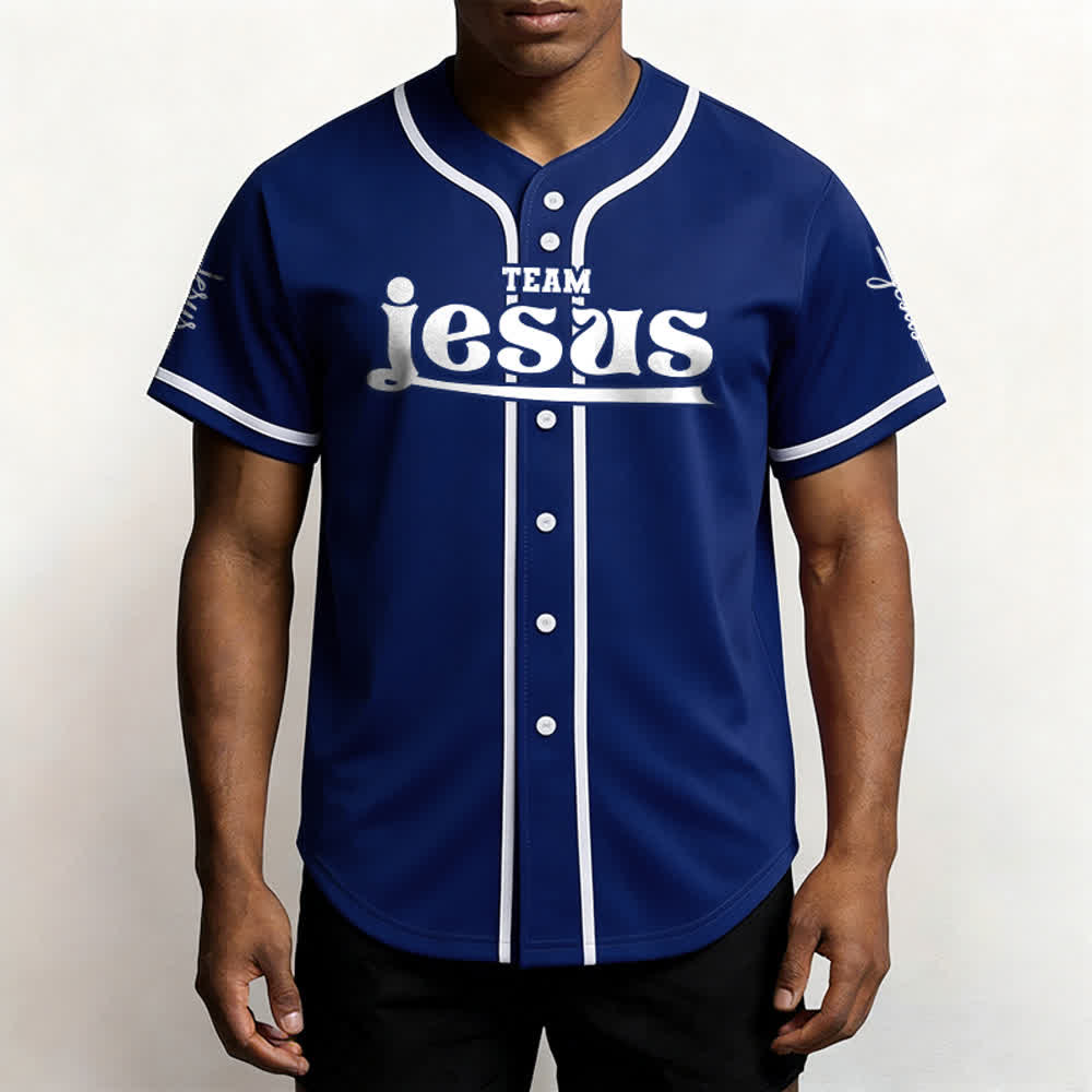 Christianartworkshop Bold Team Jesus Benutzerdefiniertes Namens- und Nummern-Unisex-Baseballtrikot - image 2