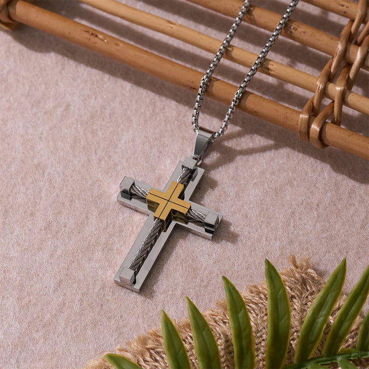 Christianartworkshop Dreifarbige, zweilagige Halskette mit gedrehtem Stahlkern und Kreuz: Licht des göttlichen Glaubens bei jedem Tragen - Gold & Silber - image 7