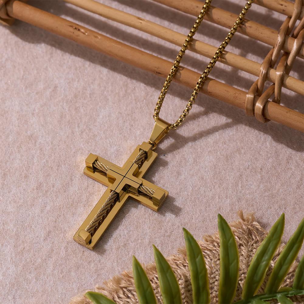 Christianartworkshop Dreifarbige, zweilagige Halskette mit gedrehtem Stahlkern und Kreuz: Licht des göttlichen Glaubens bei jedem Tragen - Golden - image 9