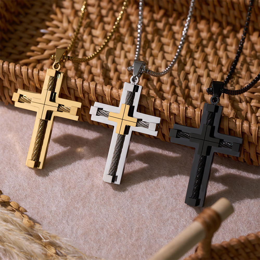 Christianartworkshop Dreifarbige, zweilagige Halskette mit gedrehtem Stahlkern und Kreuz: Licht des göttlichen Glaubens bei jedem Tragen - image 0